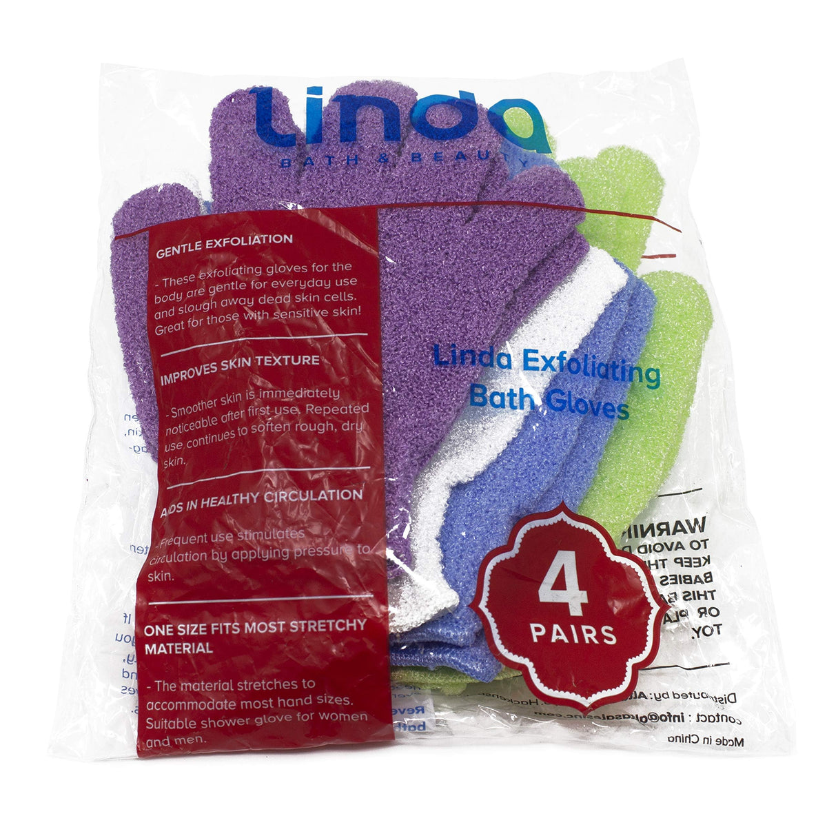Linda Exfoliating Bath Gloves, Pack of 4