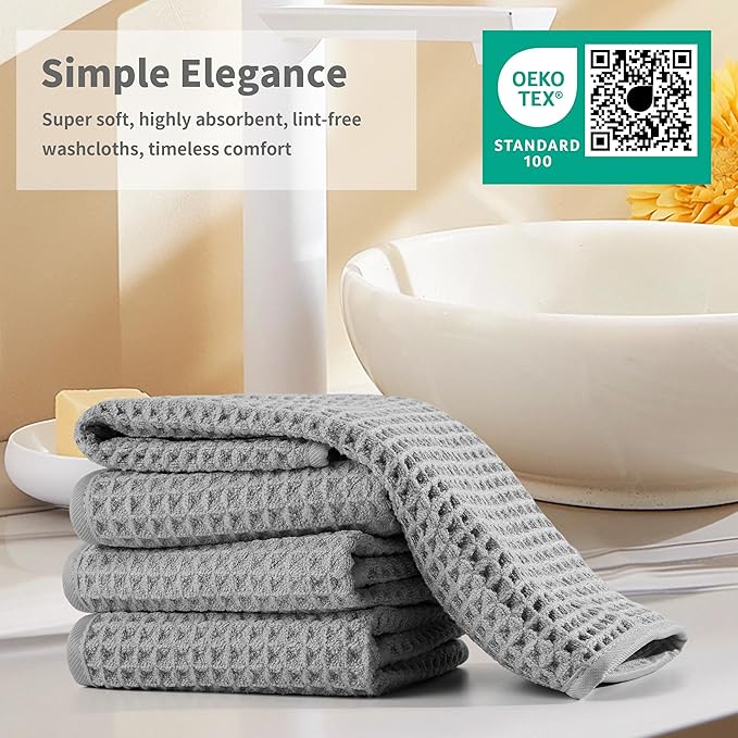 Microfiber Waffle Face Towels, 4 Pieces, Soft, Absorbent, Fast Drying, Lint Free 430 GSM (Silver)