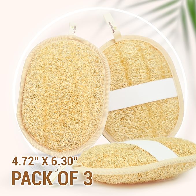 Herbvian Vietnamese Natural Loofah Exfoliating Body Scrubber Pads, 100% Plant-Based Shower Luffa Sponge, Bath Loofah for Women Men (3, Oval 6.5"x4.9")