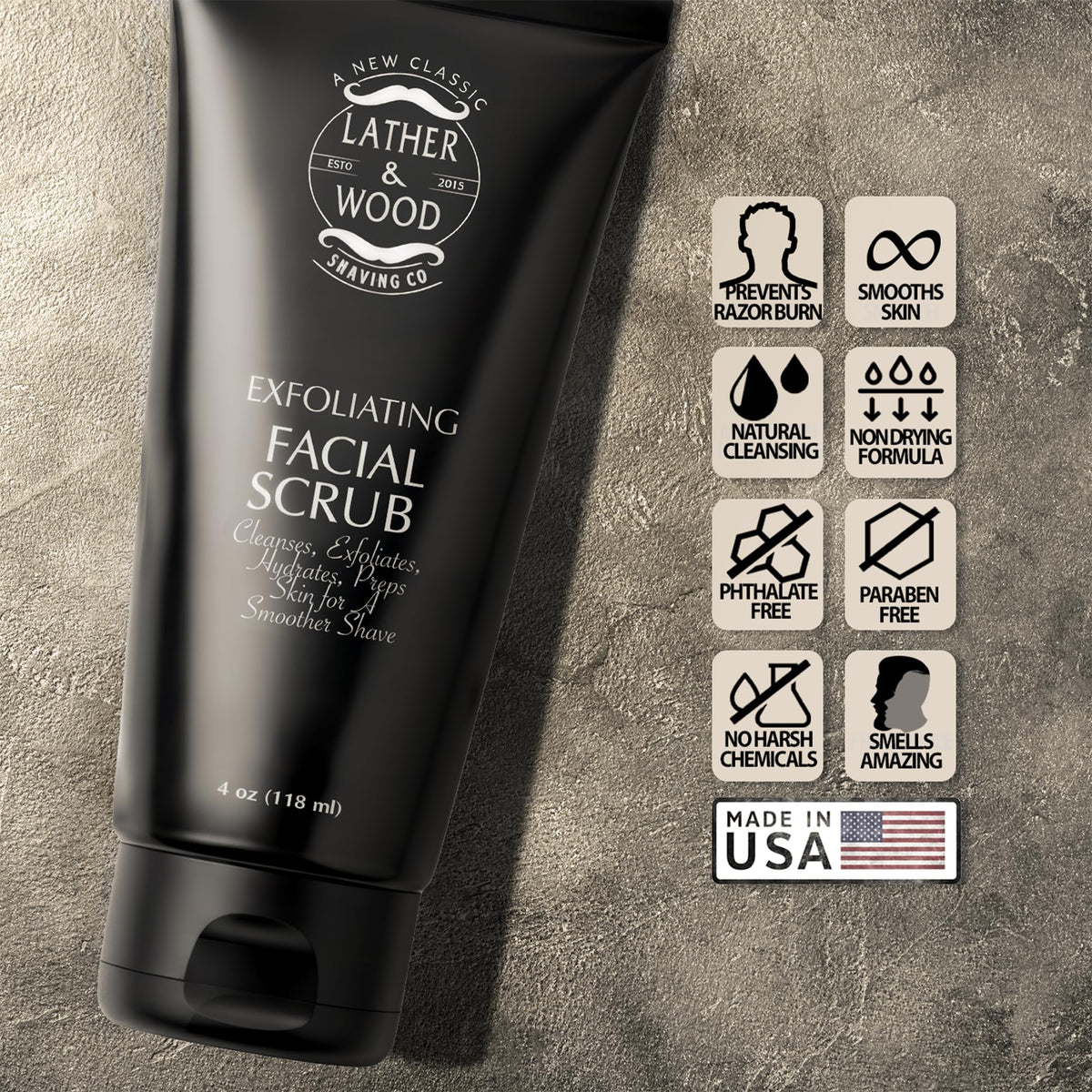 Best Face Wash for Men - Lather & Wood's Face Scrub - Luxurious Exfoliating Facial Wash for the Men. 4oz