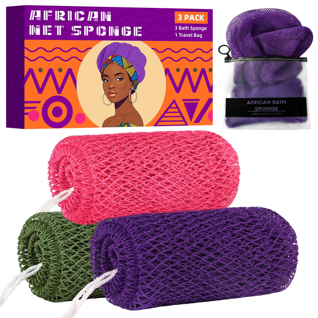 African Net Sponge 3 Pack with Travel Bag (Purple/Pink/Green)