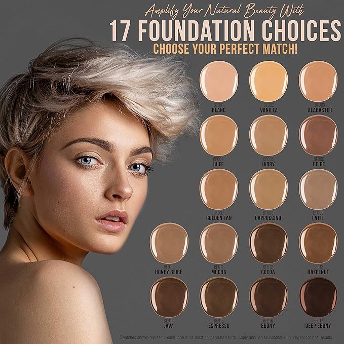Complete Professional Belloccio Airbrush Cosmetic Makeup System with a MASTER SET of All 17 Foundation Color Shades in 1/4 oz Bottles - Blush, Bronzer, Highlighters
