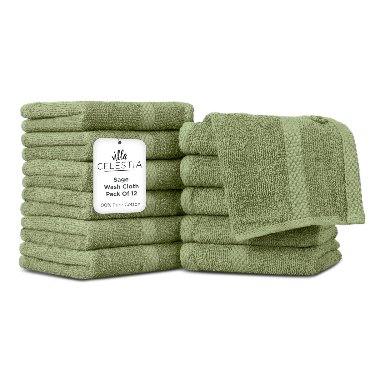 Villa Celestia Cotton Hand Towels Set of 4, 16 x 28, Oeko-TEX Certified, Quick Dry, Sage