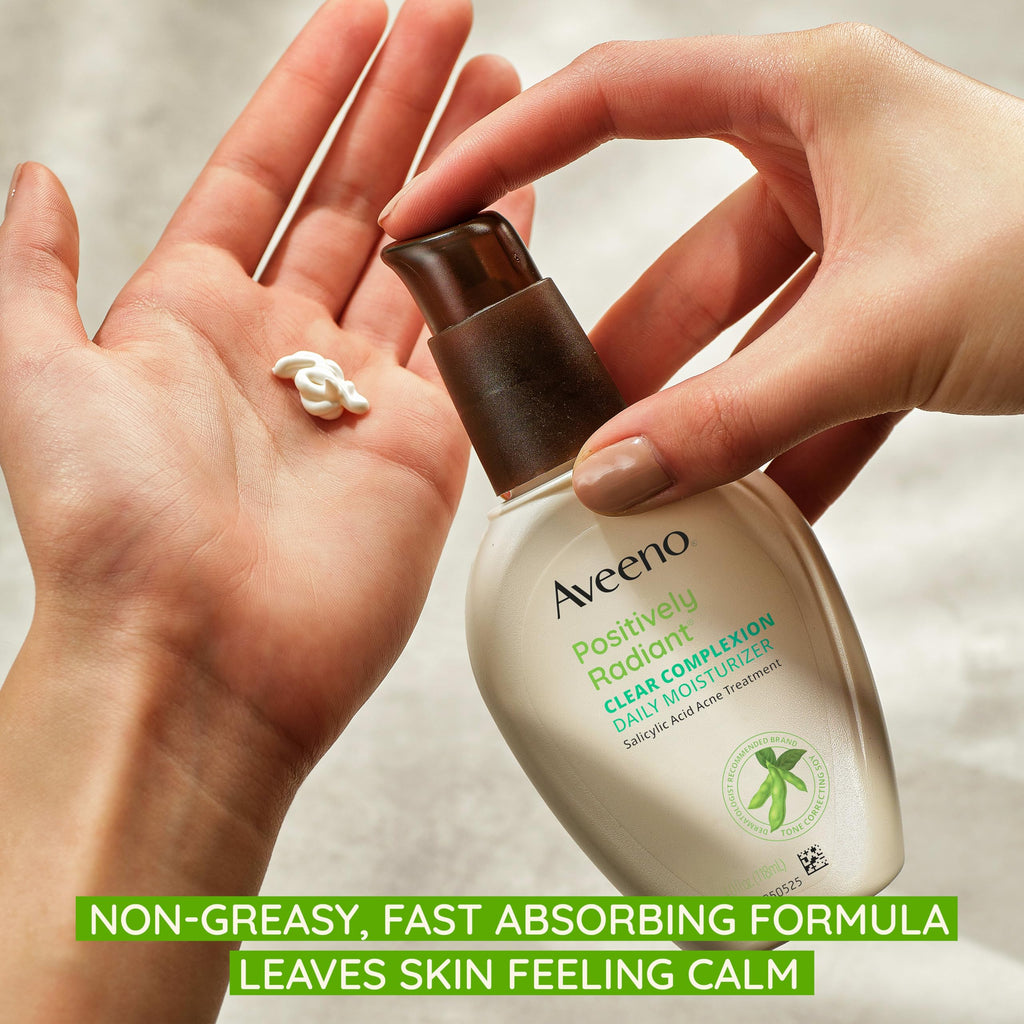 Aveeno Positively Radiant Clear Complexion Face Moisturizer, Acne Facial Lotion with Soy and Salicylic Acid for Oily Skin, Hypoallergenic Formula, Paraben-Free, Non-Comedogenic, Pump, 4 Fl Oz