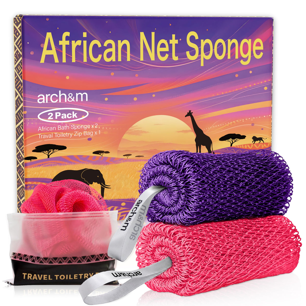 ARCH&M African Net Sponge Authentic with Knots, 2 Pack 53" Extra-Long