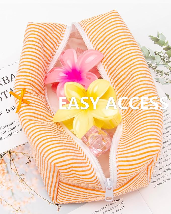 PAZIMIIK Cozy Makeup Bag for Women,Zipper Cosmetic Pouch,Stripe Orange
