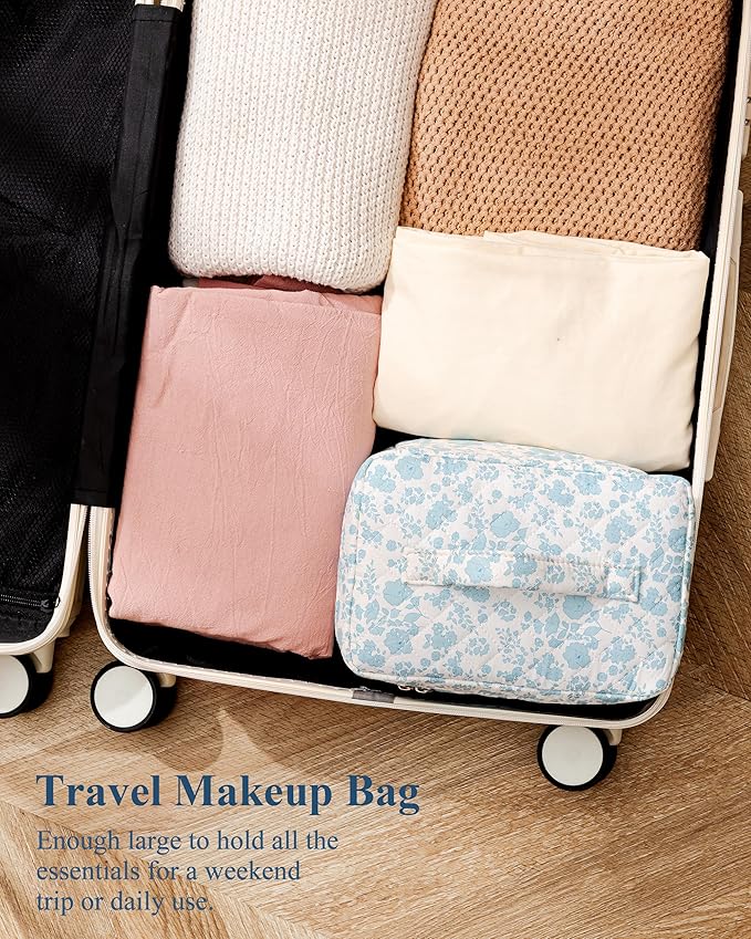 HBselect Initial Quilted Makeup Bag, Cotton Large Travel Make up Bag, Cute Floral Coquette Make up Bag Cosmetic Bag Toiletry Bag for Women Girls M
