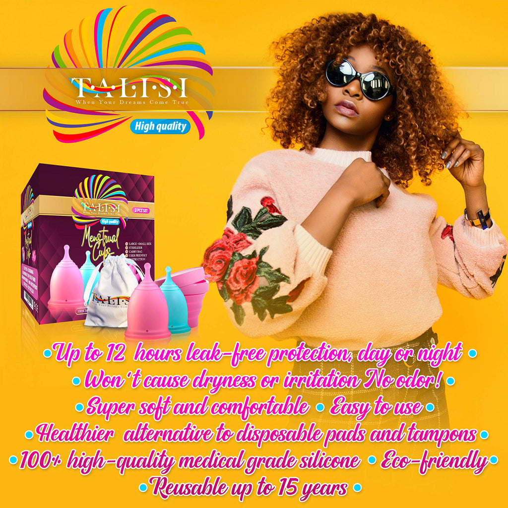 Talisi Menstrual Cups Set of 2 with Collapsible Silicone Foldable Sterilizing Cup - Tampon and Pad Alternative - Feminine Menstruation Soft Reusable Period Cup for Regular Heavy Flow with Sterilizer