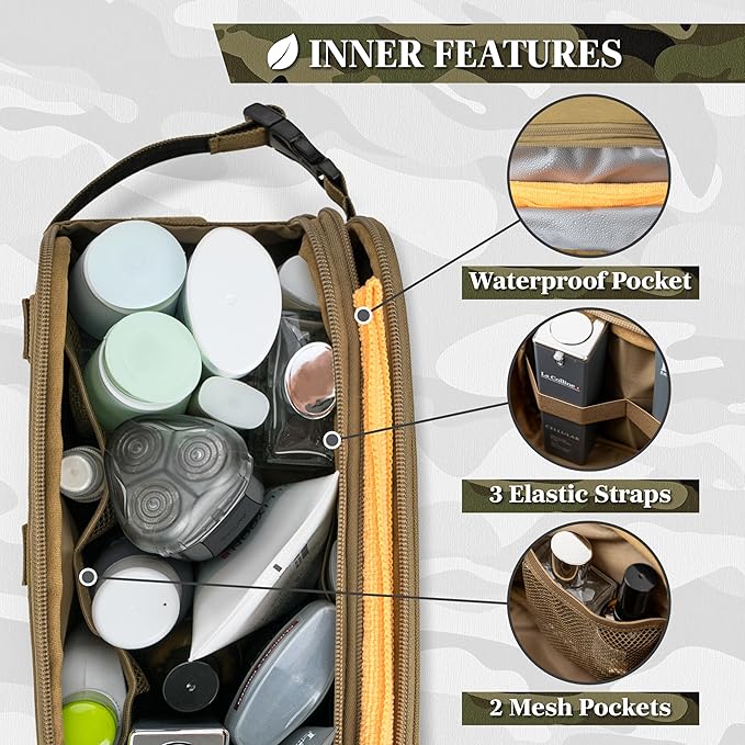 PAVILIA Tactical Toiletry Bag for Men, Water Resistant Molle Military Dopp Kit, Travel Hygiene Organizer with Wet Dry Storage for Shaving, Grooming, Gym and Camping, Tan
