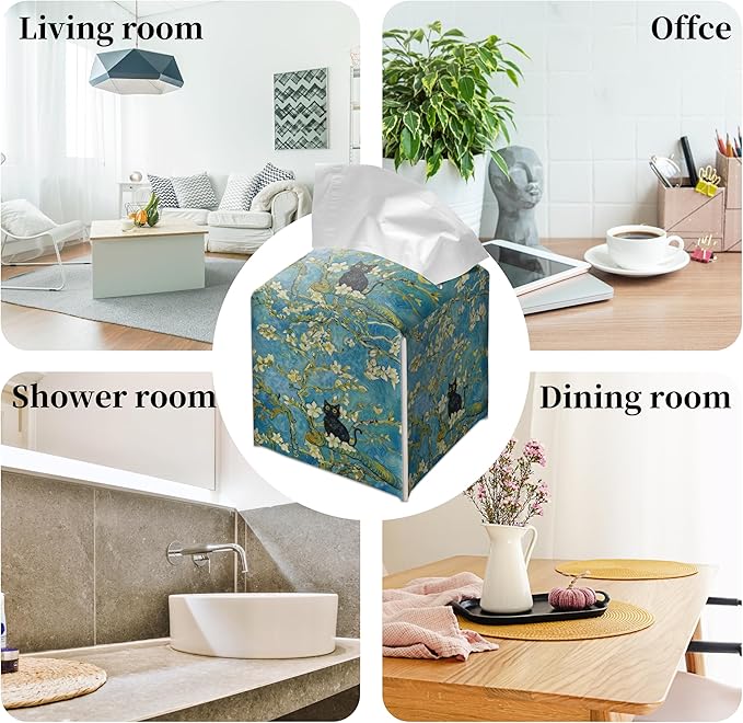 Grace Yonks Art Tissue Box Cover Square - Black Cat on Blossoming Branch Design 5.2" PU Leather Holder for Vanity, Desk, or Bathroom Counter - Cube Case for Facial Tissues. (122)