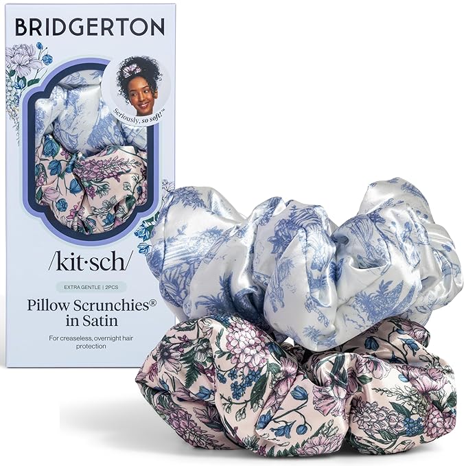 Bridgerton x Kitsch Satin Scrunchies for Women, No Snag, No Tugging, Soft & Comfortable Scrunchies for Girls, Perfect for Day or Night - Toile De Blue, 2pcs