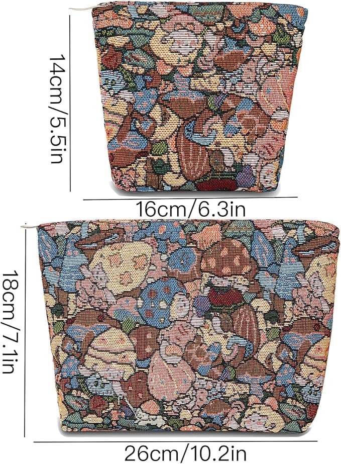 BOCGRPU 2 PCS Makeup Bag Small Cute Cosmetic Bags for Women，Floral Travel Toiletry Bag for Purse, Large Canvas Cosmetic Pouch Makeup Organizer Tool Pouch with Zipper（Fair Tale Forest）
