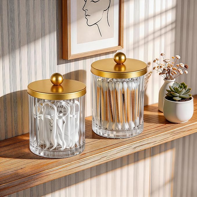 Amolliar Qtip Holder Dispenser for Bathroom, Clear Glass Canister Apothecary Jar for Cotton Swabs, Cotton Balls, Makeup Pads, Floss Picks, Container for Countertop Vanity Storage Organizer,Gold 2 Pack