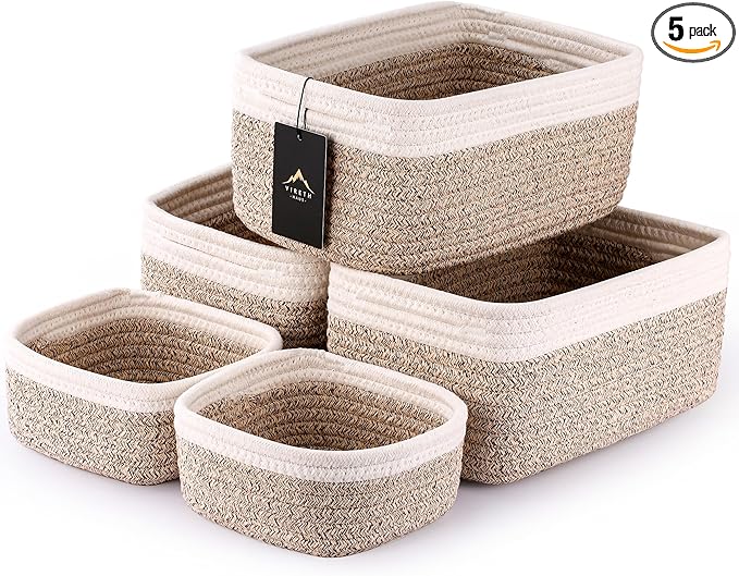 VIRETH HAUS 5-Pack Small Woven Rope Storage Baskets – 2 Sizes Organizer Bins for Closet, Shelf, Bookshelf, Nursery, Changing Table, Fabric Cube Boxes, Rectangular Shallow Bins for Bathroom, Toy & Home