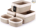 VIRETH HAUS 5-Pack Small Woven Rope Storage Baskets – 2 Sizes Organizer Bins for Closet, Shelf, Bookshelf, Nursery, Changing Table, Fabric Cube Boxes, Rectangular Shallow Bins for Bathroom, Toy & Home