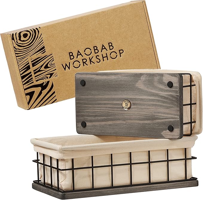 BAOBAB WORKSHOP Set of 2 Metal & Wooden Basket with Liners, Bathroom Basket Organizer & Kitchen Storage Decor, Toilet Paper Baskets for Back of Toilet Tank Tray Topper