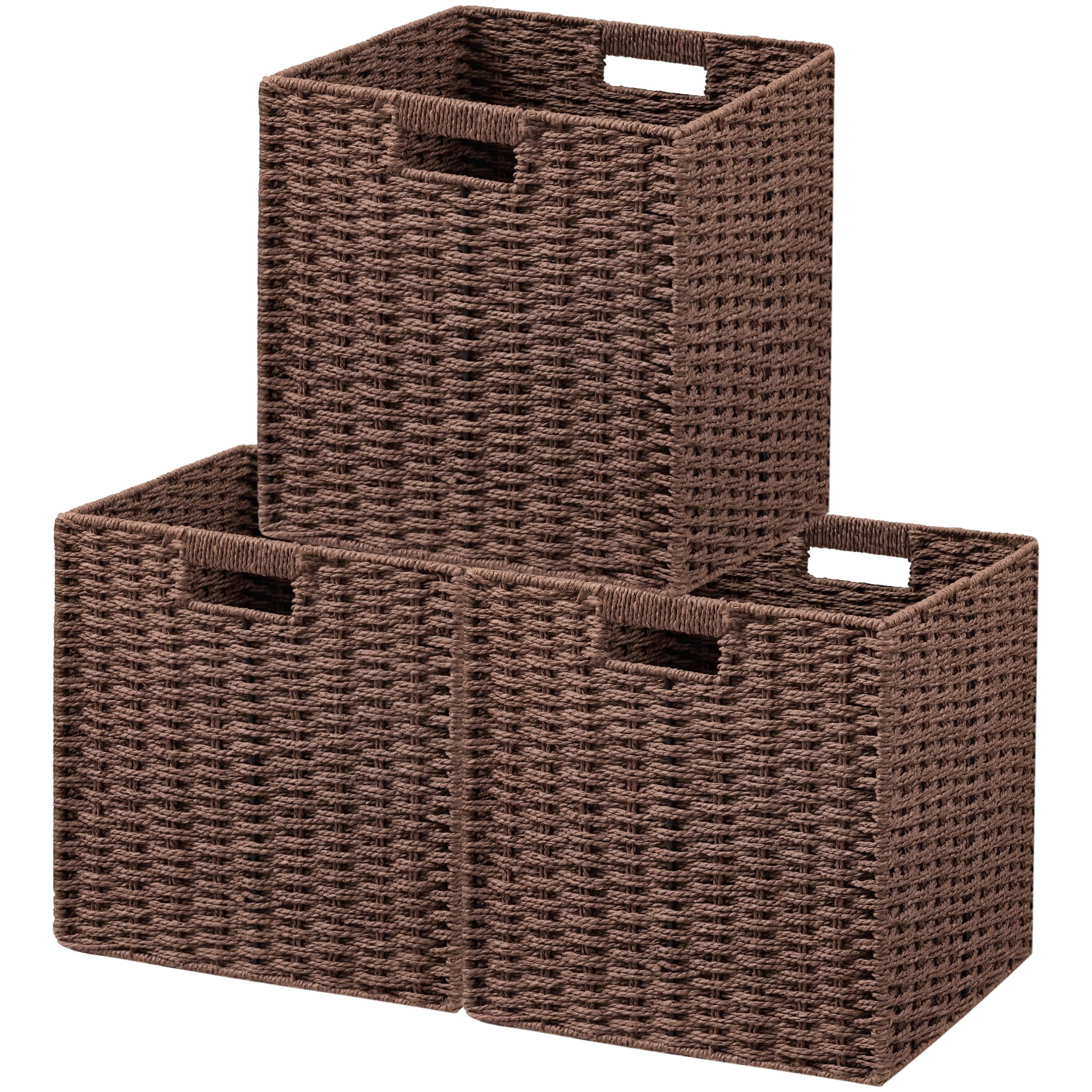 UBBCARE 3 Pack Wicker Basket, 11L×11H×10.5W inch Woven Paper Rope Storage Baskets for Shelves, Foldable Cube Storage bin with Handle, Storage Basket for Organizing & Decor, Brown