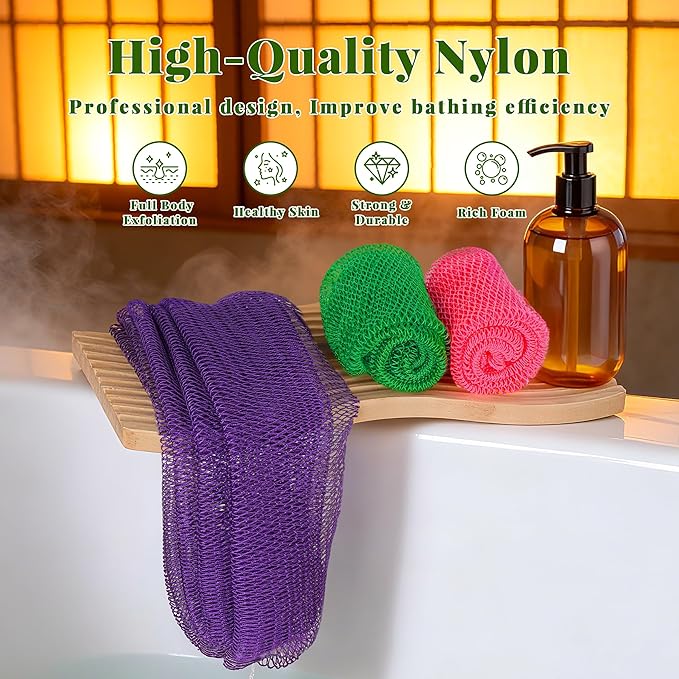 African Net Sponge Authentic, 3 Pieces Exfoliating Scrubber Bath Sponge for All Skin Types, Back Scrubber Loofah Washcloth for Shower, Gentle Exfoliation (Rose Red,Purple,Green)