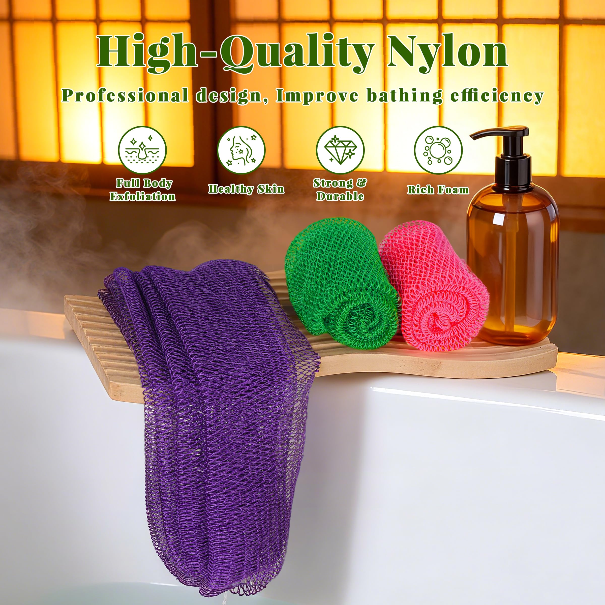 African Net Sponge Authentic, 3 Pieces Exfoliating Scrubber Bath Sponge for All Skin Types, Back Scrubber Loofah Washcloth for Shower, Gentle Exfoliation (Rose Red,Purple,Green)