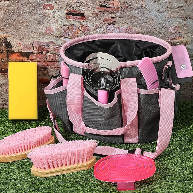 Abbylike 12 Pieces Horse Grooming Kit with Organizer Tote Bag Tack Room Supplies Horse Brush Sets Equine Care Cleaning Kit Shedding Grooming Massaging Tools (Grey and Pink)