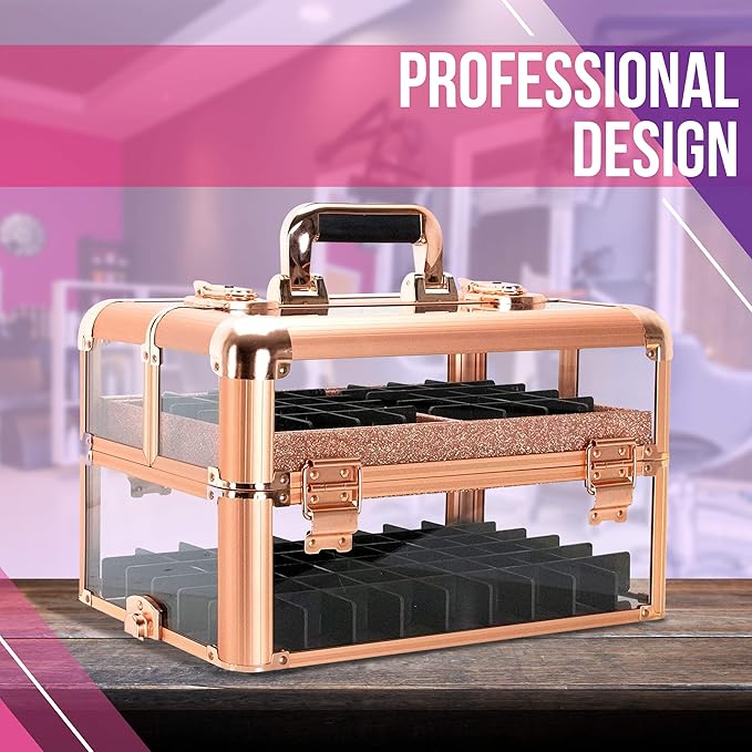 Professional Makeup & Nail Tech Organizer – Clear Acrylic Case, Holds 94 Bottles, Slide-Out Trays, Lockable Latches – Portable Storage for Brushes, Polish, Tools & Cosmetics – Compact & Travel-Ready