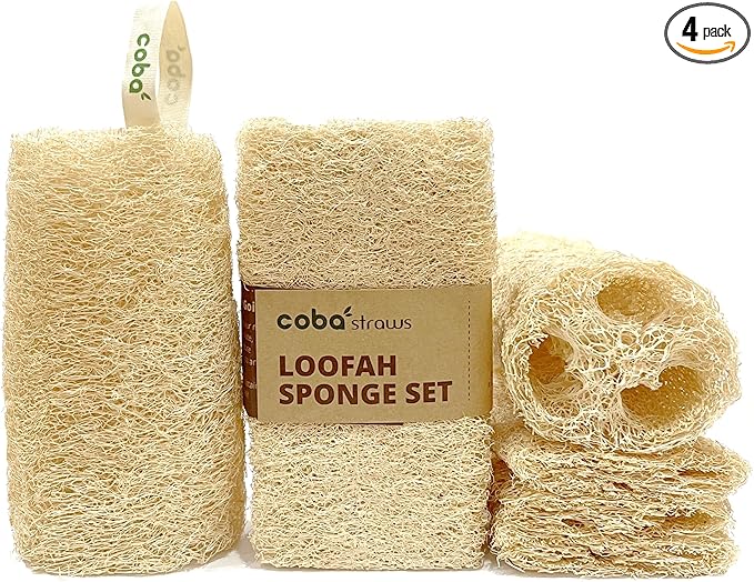 Natural Loofah Sponge Set (4-Pack) | Shower Loofah Exfoliating Body Scrubber for Women & Men | Multi-Use Sponge for Shower, Spa, Kitchen, Pet | 100% Natural, Dye-Free, Eco-Friendly