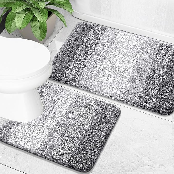 OLANLY Bathroom Rug Set 2 Piece, Soft Absorbent Microfiber Bath Mats and U-Shaped Contour Toilet Rug, Non-Slip, Machine Wash Dry, Plush Shaggy Bath Mats for Bathroom (30"x20"+24"x20", Grey)