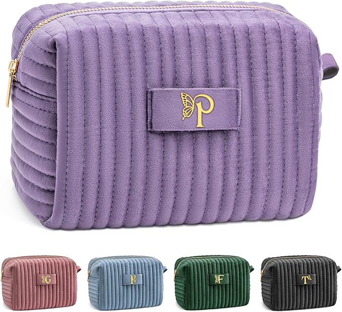 COSHAYSOO Travel Makeup Bag Quilted Make Up Pouch Initial Cosmetic Case with Butterfly Decorations for Women Lipstick Glossier Lipgloss Lip Stain Moisturizer Mascara Eyeliner Organizer Black Letter P