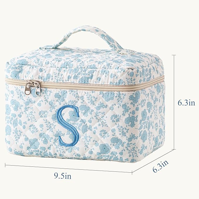 HBselect Quilted Cotton Large Travel Coquette Floral Makeup Bag - Cute Cosmetic Toiletry Bag for Women & Girls