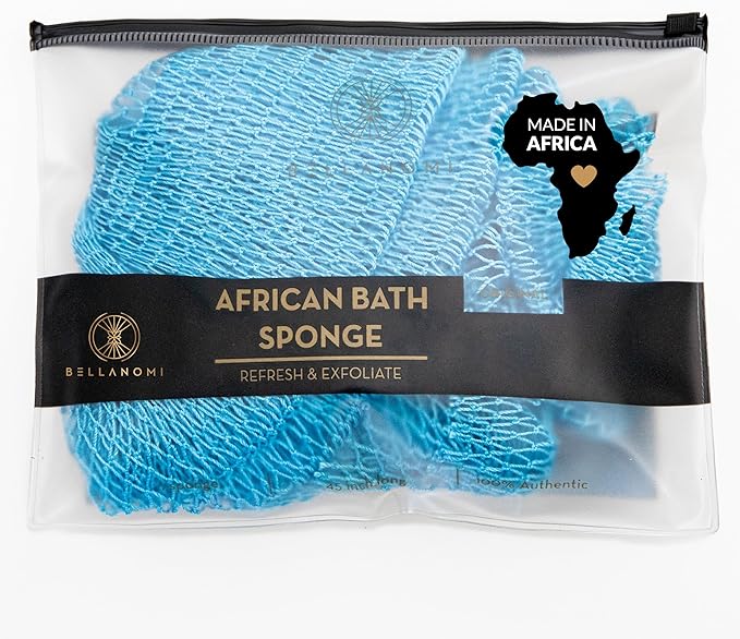 BELLANOMI African Exfoliating Net Sponge, Authentic, Ethically sourced from Nigeria, 45 inches Long, Back Scrubber for Daily use (Baby Blue)