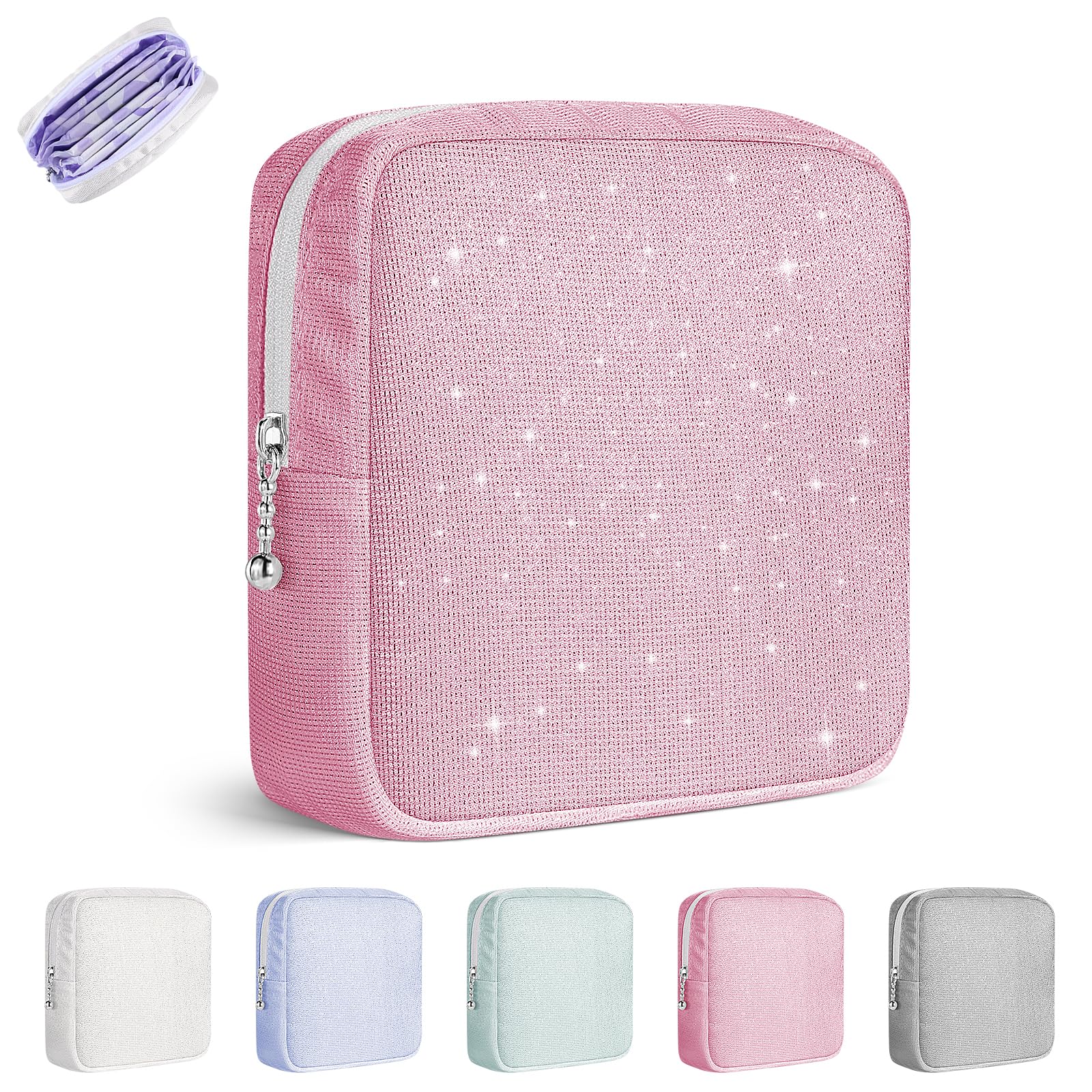 Playexen Period Bag, Sanitary Napkin Storage Bag, Period Pouches Menstrual Pad Bag Tampon Holder for Purse (Glitter-Pink)