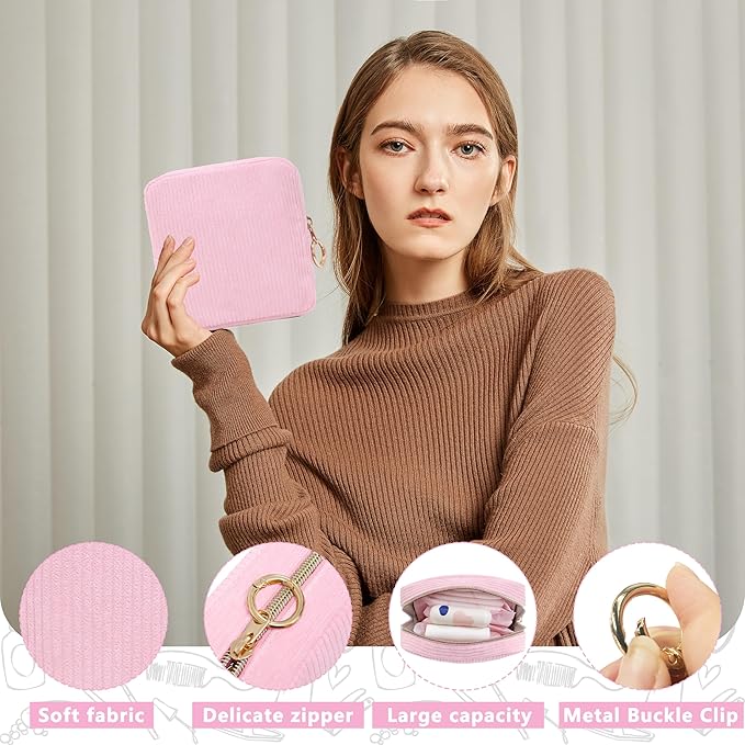 Period Bag for Girls, Corduroy Sanitary Napkin Storage Bag, Period Pouch & Tampon Holder, Feminine Care Organizer（Pink）