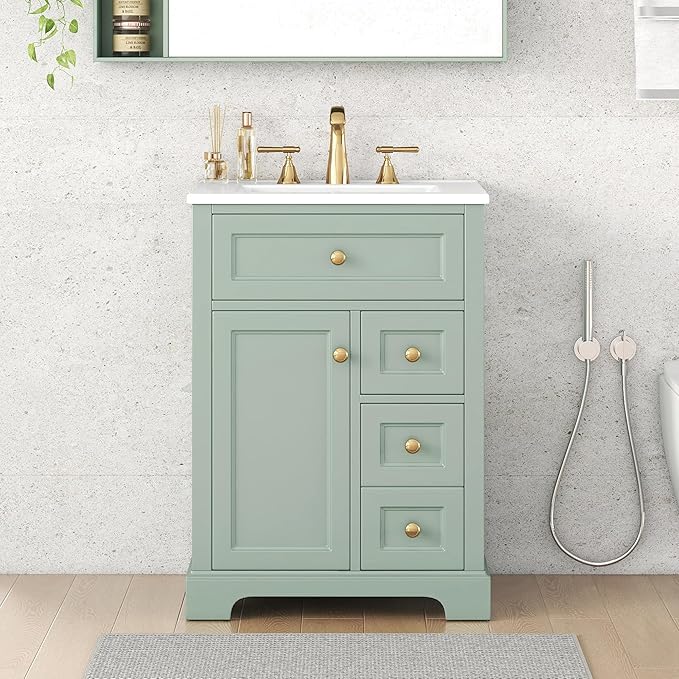 Harper & Bright Designs 24" Bathroom Vanity with Sink, Free Standing Bathroom Vanity Set with Flip Drawer, 2 Drawers, and Storage Rack, Wood Storage Cabinet with Ceramic Basin for Bathroom, Green
