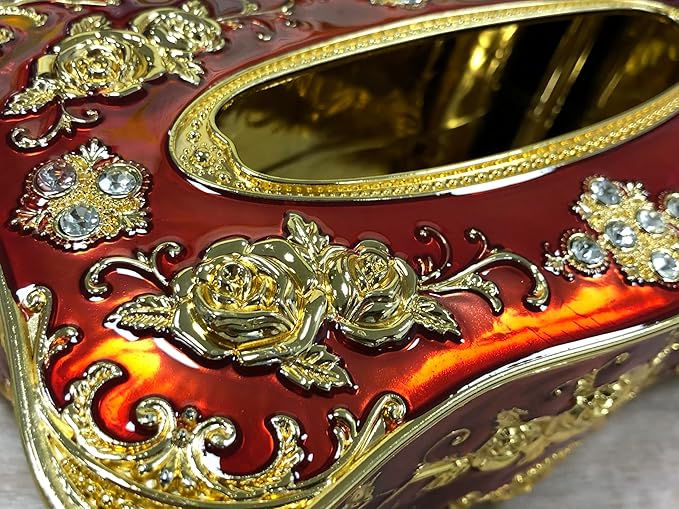9.45"x5.43"x3.94" Luxurious Rose Tissue Box with Imitation Diamonds, Embossed Flowers, Elegant Tissue Paper Holders for Home Toilet Bath Hotel,Gold-Red