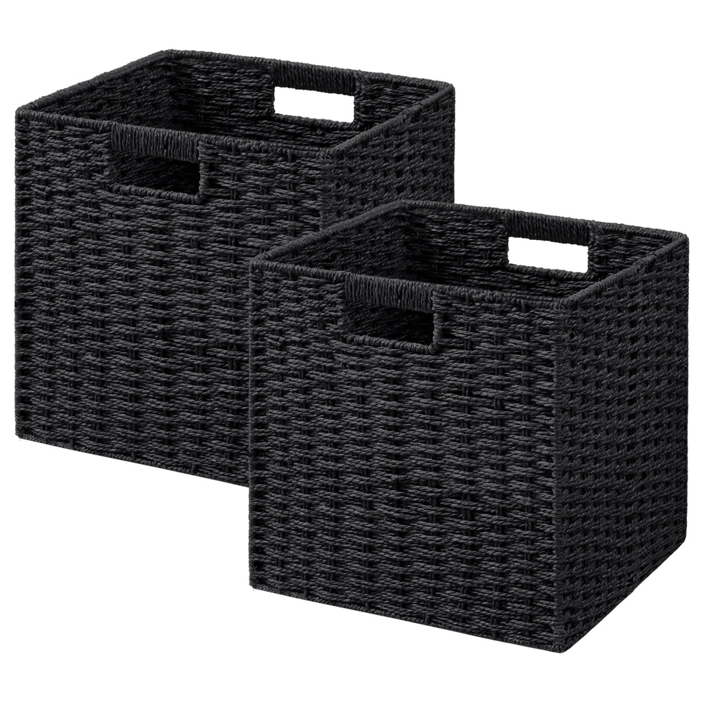 UBBCARE 2 Pack Wicker Basket, 11L×11H×10.5W inch Woven Paper Rope Storage Baskets for Shelves, Foldable Cube Storage bin with Handle, Storage Basket for Organizing & Decor, Black
