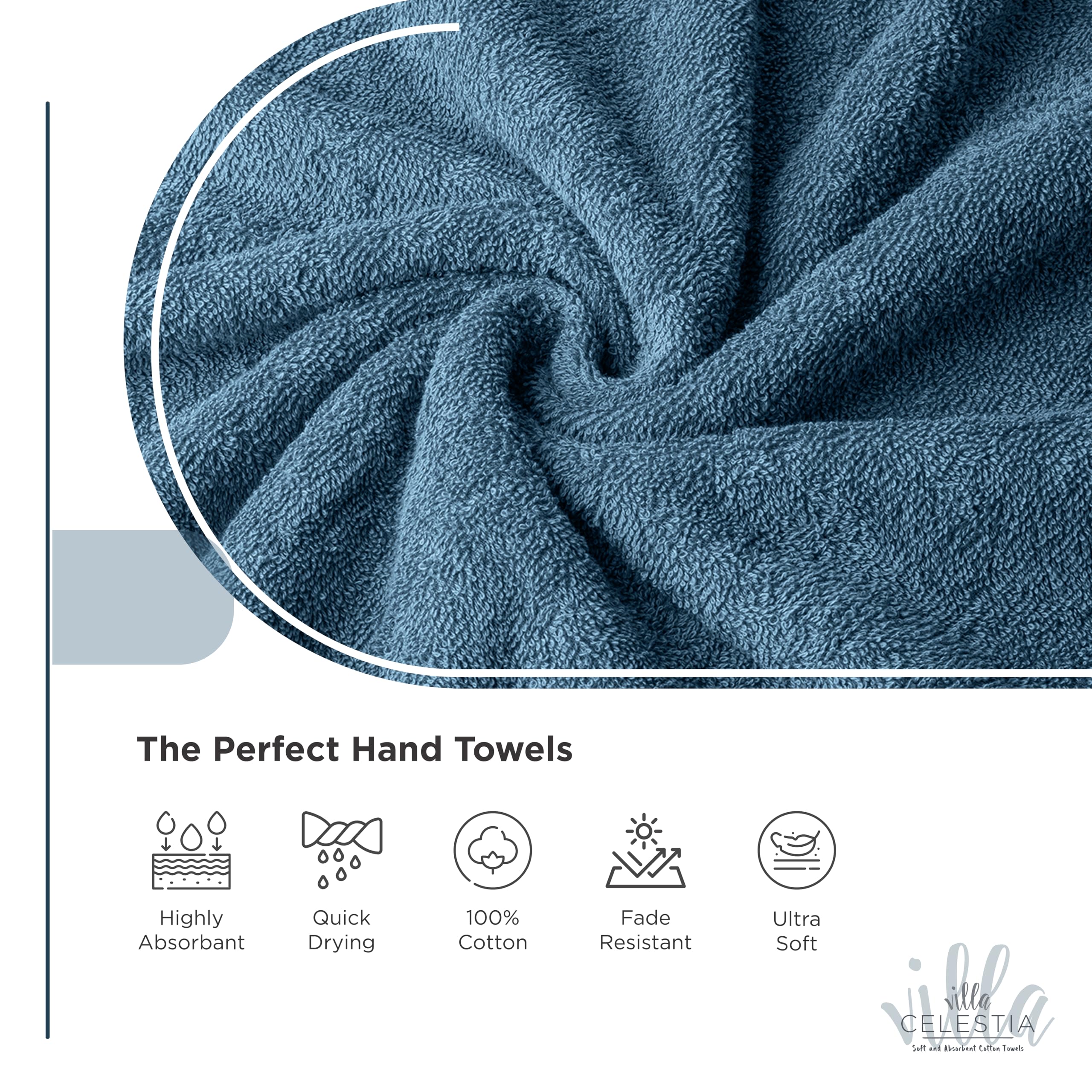 Villa Celestia Cotton Hand Towels Set of 4, 16 x 28, Oeko-TEX Certified, Quick Dry, Blue