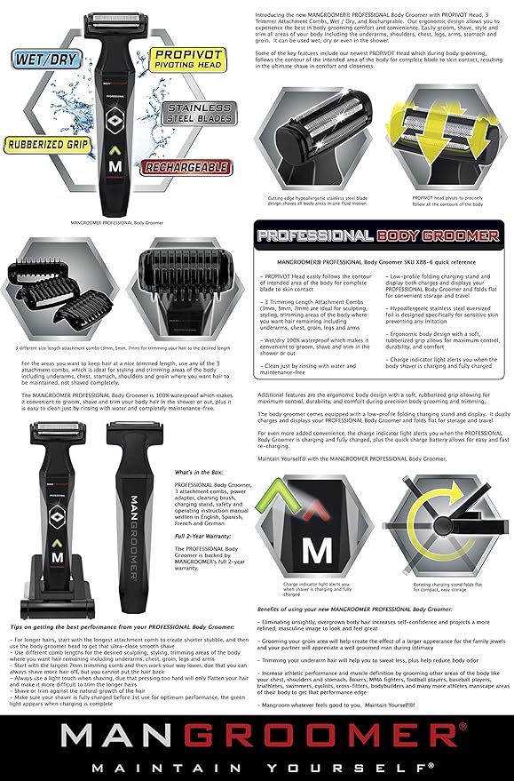 MANGROOMER 2.0 Professional Body Groomer, Ball Groomer & Body Trimmer With Propivot Flexing Head, 3 trimmer Combs, Wet/ Dry & A Free Bonus Foil!