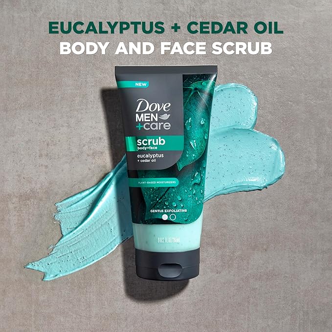 DOVE MEN + CARE Body and Face Scrub Eucalyptus Deeply Exfoliates for Hydrated & Nourished Skin 100% Gentle Cleanser, No Sulfate Cleansers or Parabens 9 oz (Pack of 4)