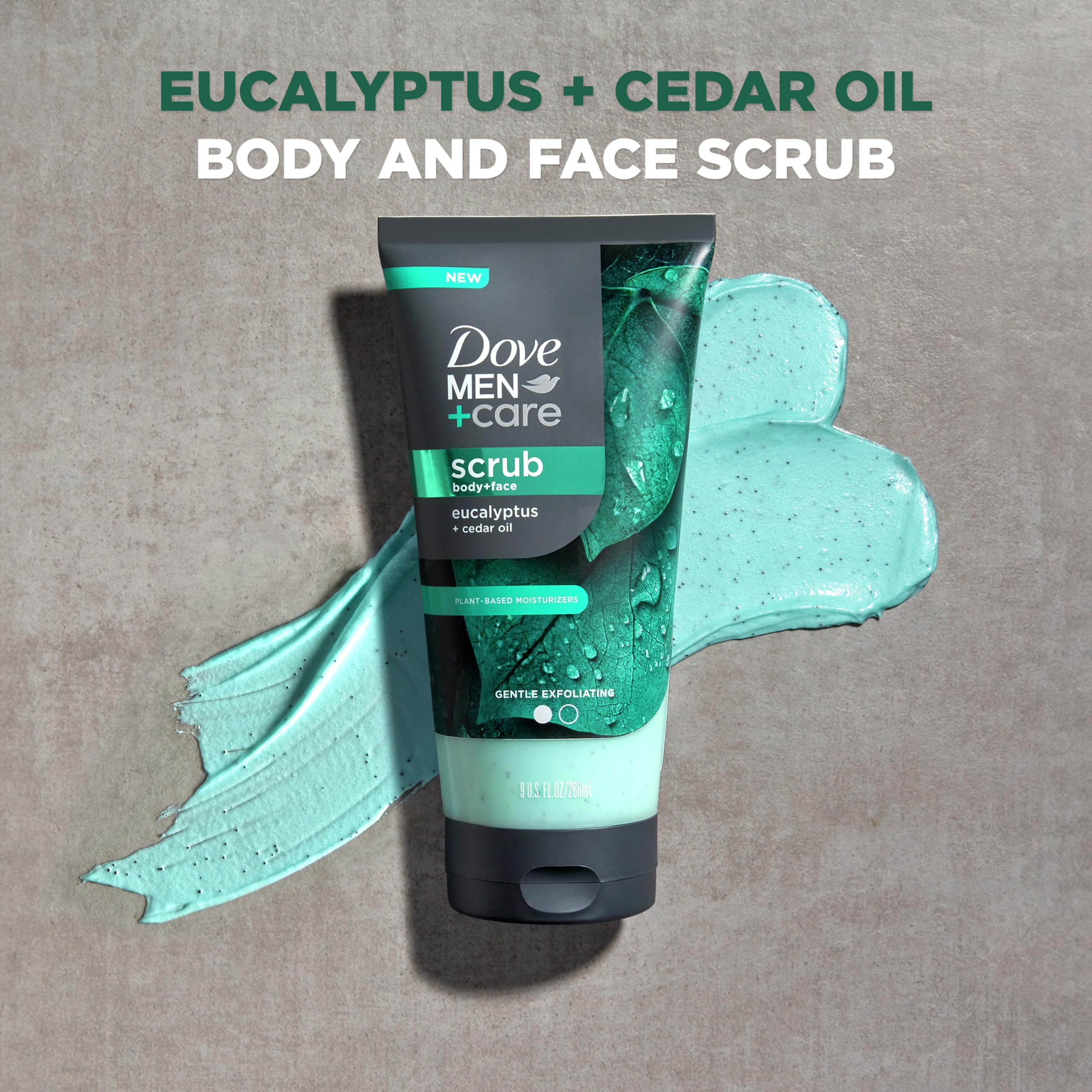 DOVE MEN + CARE Body and Face Scrub Eucalyptus Deeply Exfoliates for Hydrated & Nourished Skin 100% Gentle Cleanser, No Sulfate Cleansers or Parabens 9 oz