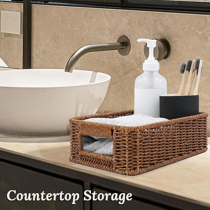 Baskets for Organizing, Small Wicker, Storage Bins for Bathroom and Toilet Paper Rolls, Hand Woven Tank Topper with Handle, Set of 2, Toffee