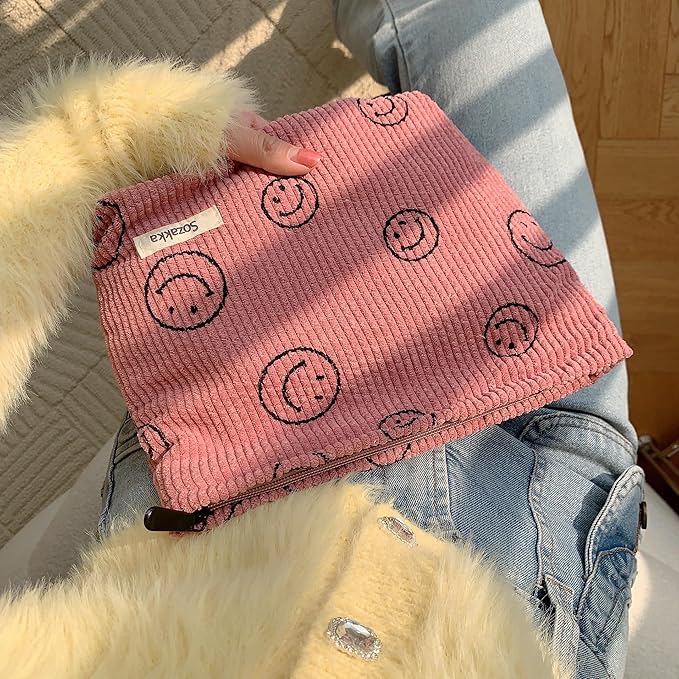 Gardsell Cosmetic Bags for Women - Corduroy Cosmetic Bag Aesthetic Women Handbags Purses Smile Dots Makeup Organizer Storage Makeup Bag Girls Case Bags (A-Pink)