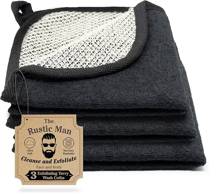 The Rustic Man Terry Wash Cloths for Face and Body, Dual-Sided Cleansing and Exfoliating Washcloths, Machine Wash, Black, 3 Count