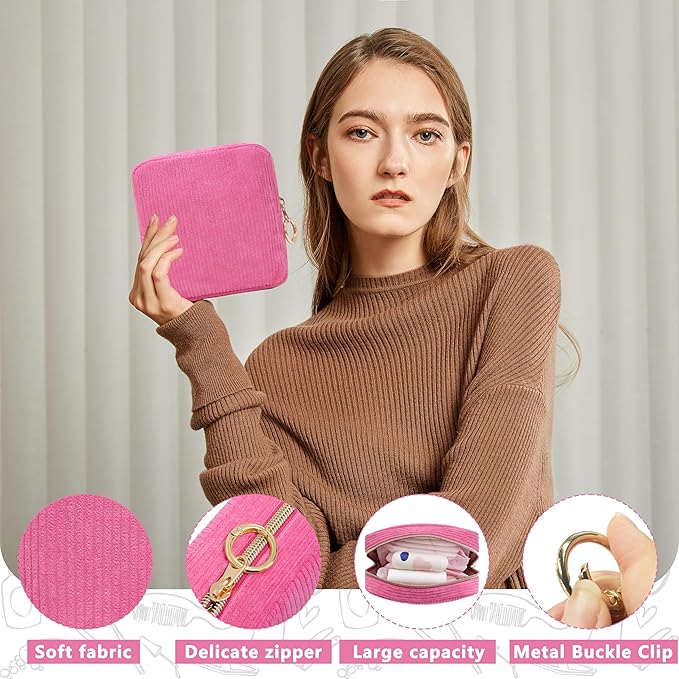 Period Bag for Girls, Corduroy Sanitary Napkin Storage Bag, Period Pouch & Tampon Holder, Feminine Care Organizer（Rose Red）