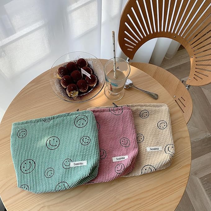 Gardsell Cosmetic Bags for Women - Corduroy Cosmetic Bag Aesthetic Women Handbags Purses Smile Dots Makeup Organizer Storage Makeup Bag Girls Case Bags (A-Blue)