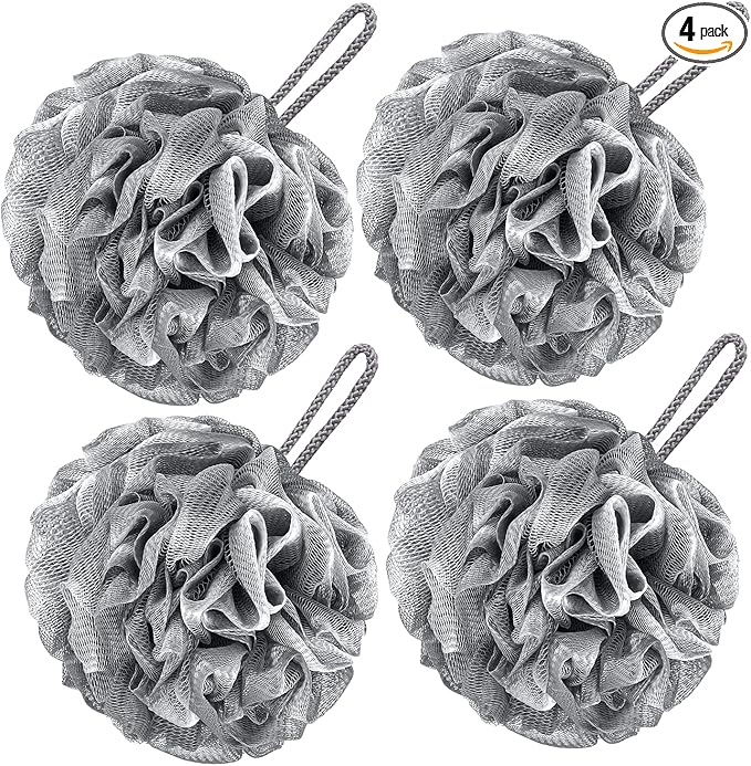 VANZAVANZU Bath Loofah Large 80g Shower Sponge Body Scrubber Mesh Pouf for Men and Women, Set of 4 (Gray)