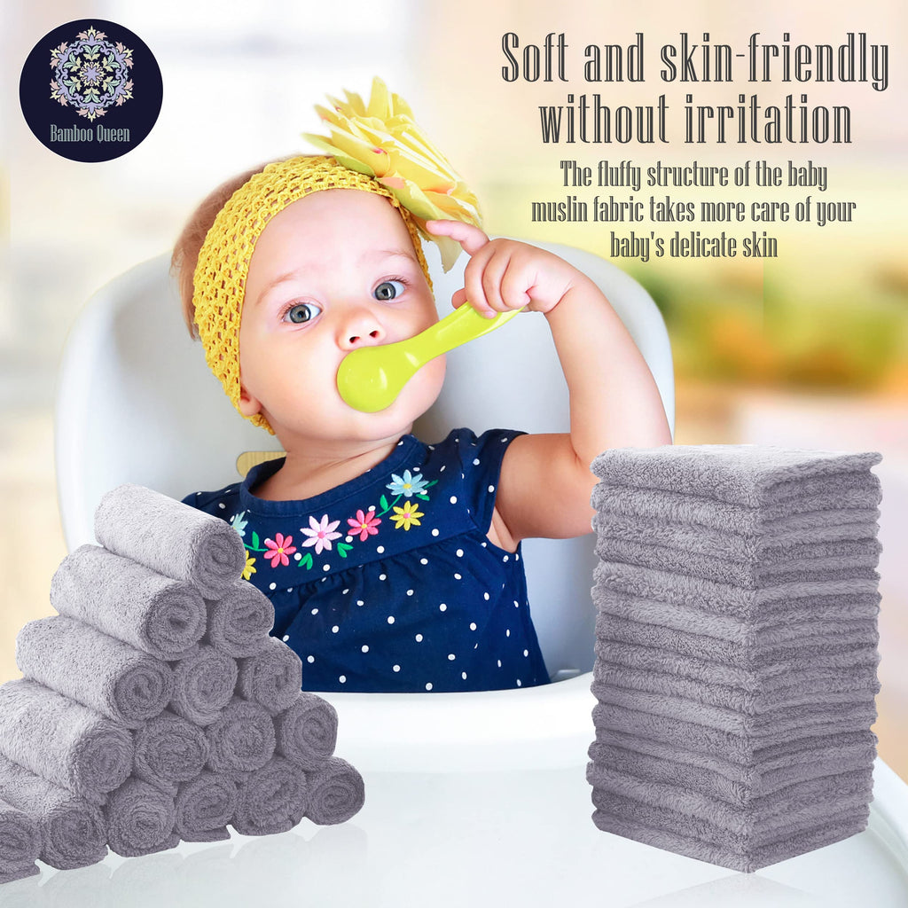 32 Pack Baby Washcloths - 10x10 Inch, Coral Fleece - Extra Absorbent and Soft Wash Clothes for Newborns, Infants and Toddlers - Suitable for Sensitive Skin and New Born - Baby Shower - Light Grey