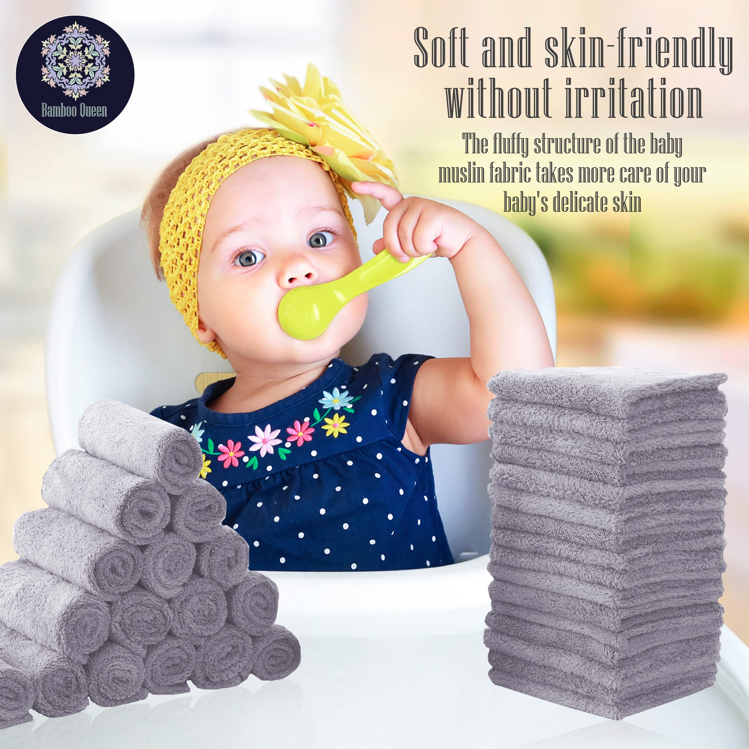32 Pack Baby Washcloths - 10x10 Inch, Coral Fleece - Extra Absorbent and Soft Wash Clothes for Newborns, Infants and Toddlers - Suitable for Sensitive Skin and New Born - Baby Shower - Light Grey