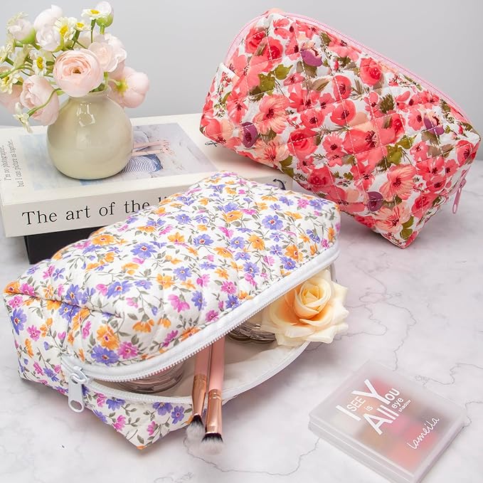 PAZIMIIK Small Quilted Makeup Bag,Zipper Cosmetic Pouch,Ditsy Floral