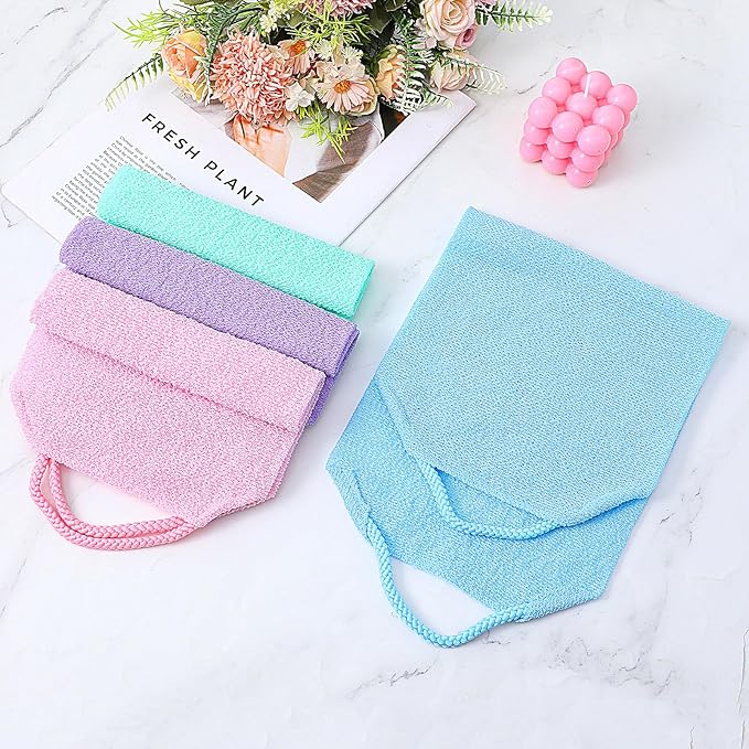 DOPENSPI 4PCS Exfoliating Back Scrubber with Handles, Nylon Double-Sided Exfoliator Extended Length Stretchable Body Exfoliating Washcloth Pull Strap Back Washer for Women Men