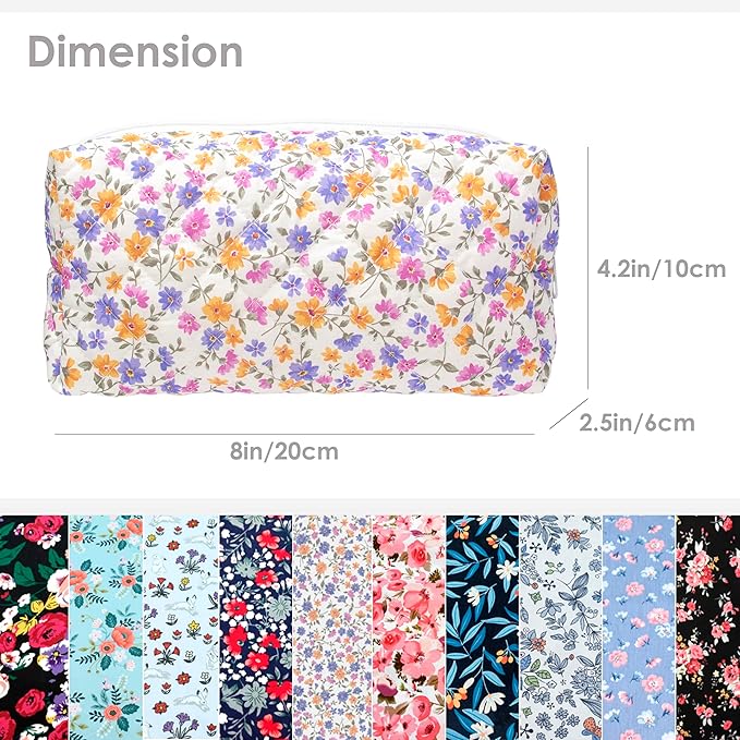 PAZIMIIK Small Quilted Makeup Bag,Zipper Cosmetic Pouch,Ditsy Floral,2 Pack